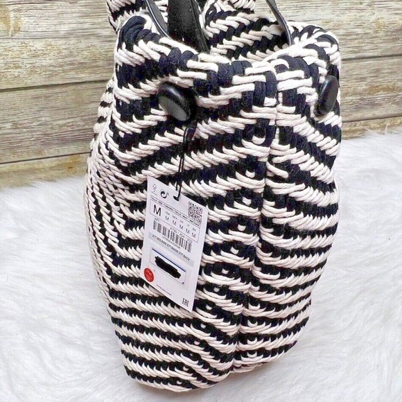 ZARA Woven Crochet Beige Black Cotton Bohemian Purse Shoulder Bag Tote - Picture 4 of 12
